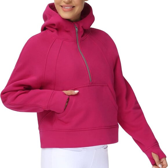 Pitaya Red Women's Half-Zip Fleece Hoodie, Small, Pockets, Thumb Holes - Picture 6 of 6